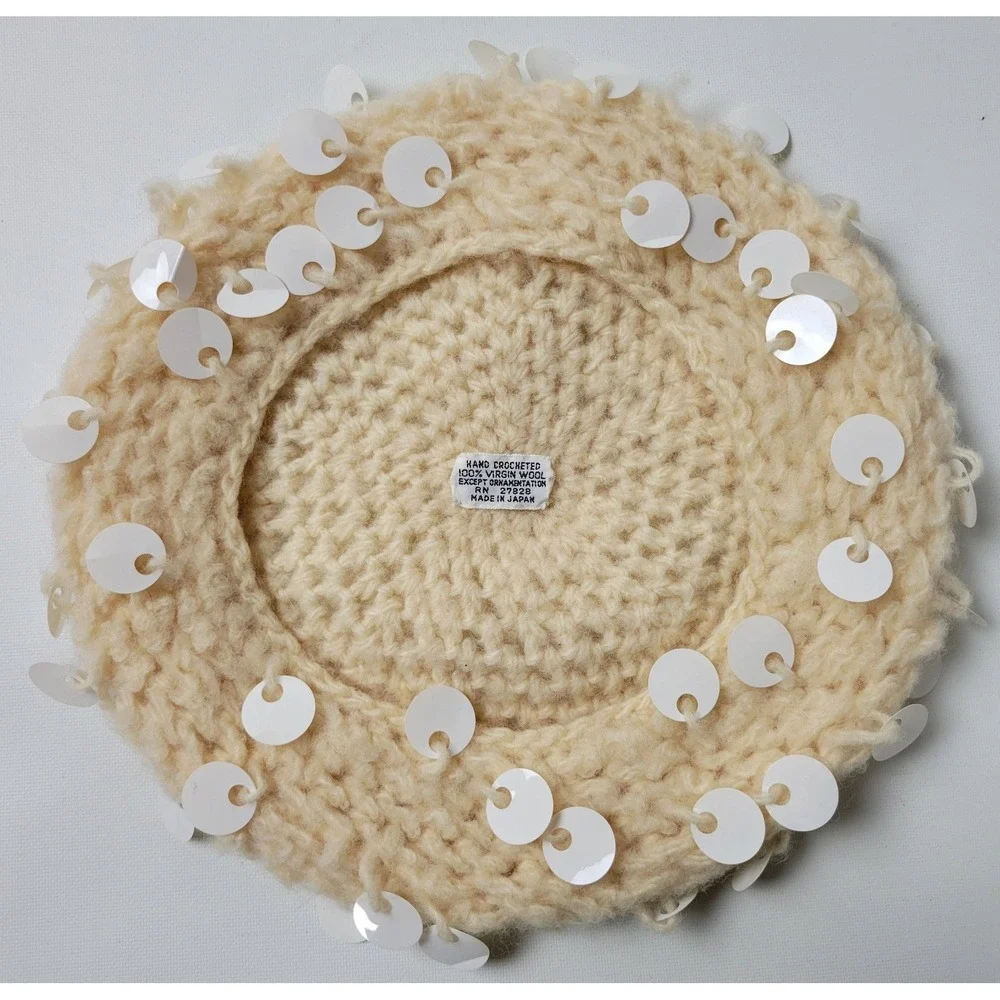 Vintage 1960s Hand Crocheted Virgin Wool Beret‎ White Sequin Cream Made in Japan - Picture 7 of 8